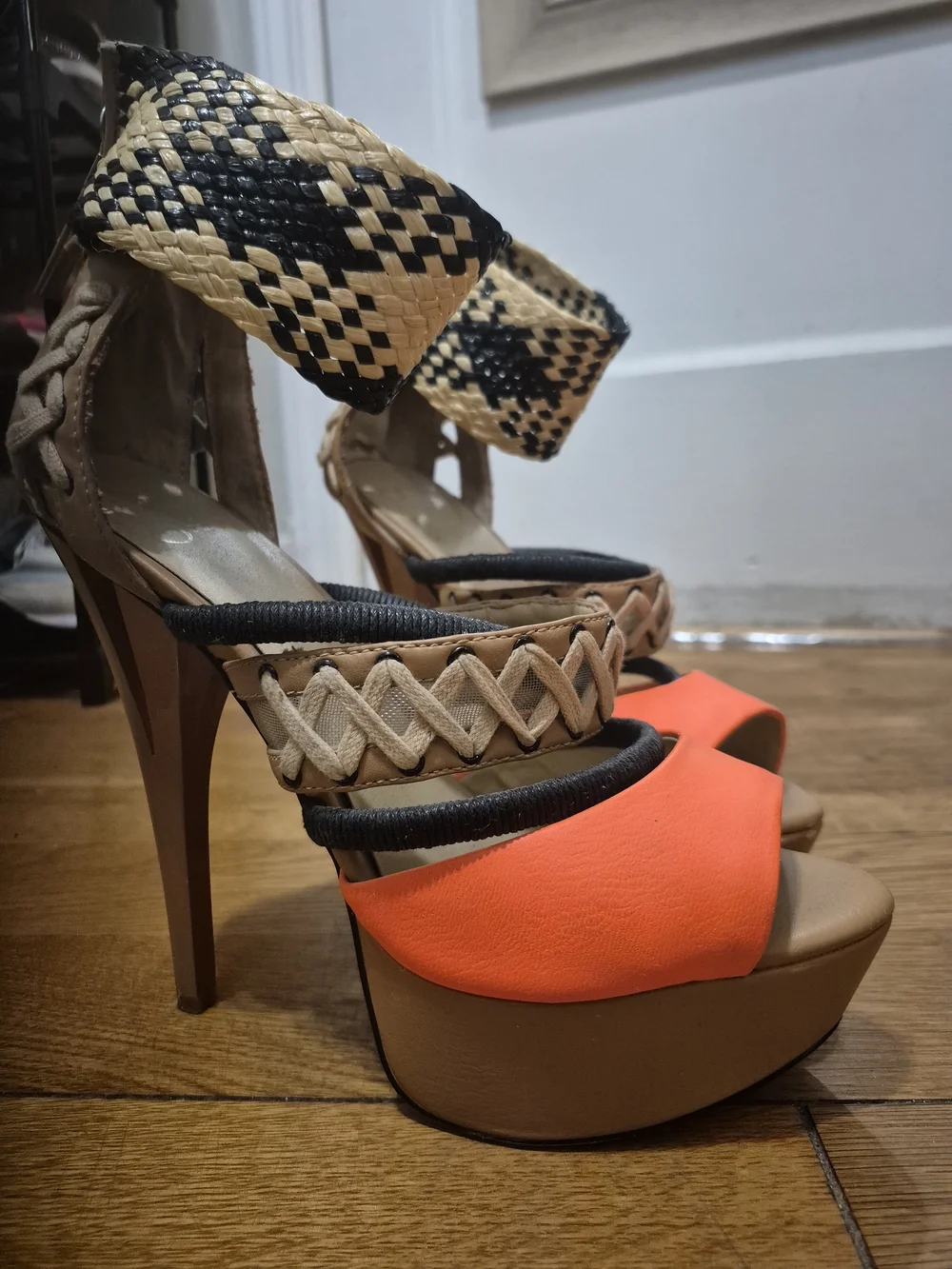 GX by Gwen Stefani Neon Orange and Tan Braided Platform Heels